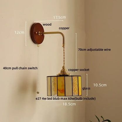 Vintage amber stained glass adjustable led wall lamp bedroom light