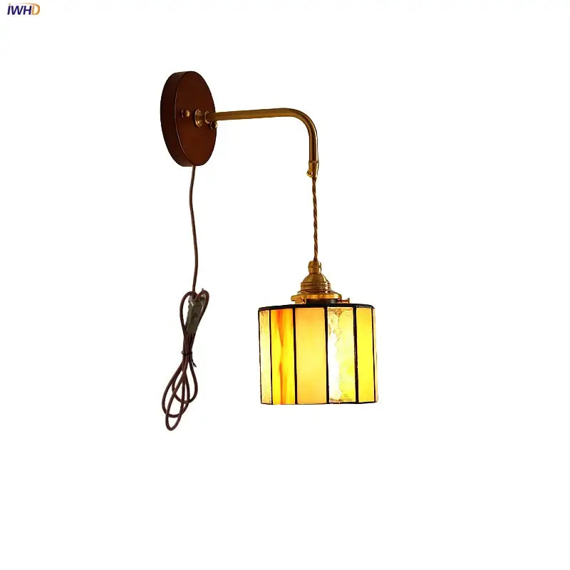 Vintage amber stained glass adjustable led wall lamp bedroom light