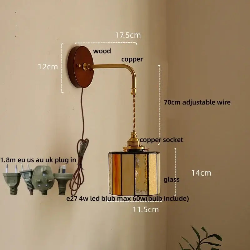 Vintage amber stained glass adjustable led wall lamp bedroom light
