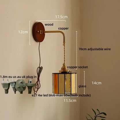 Vintage amber stained glass adjustable led wall lamp bedroom light
