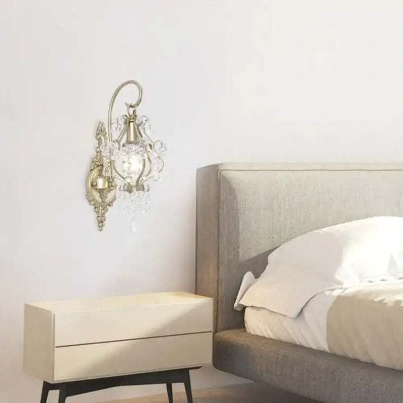 Vintage antique brass clear crystal beaded strand wall lamp bedroom