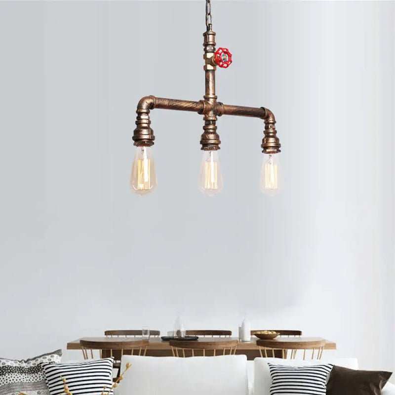 DecorBites™ Vintage Antique Brass Island Chandelier with Valve Wheel - 3 Bulb Metal Pendant Light