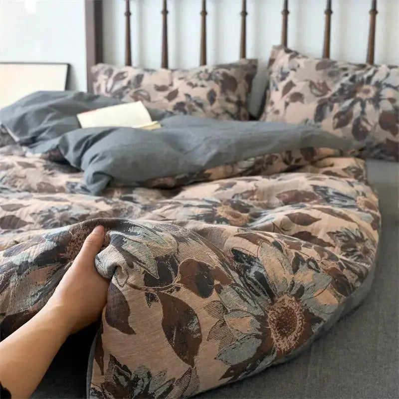 Vintage beige & brown cotton jacquard bedding sets bedroom duvet cover