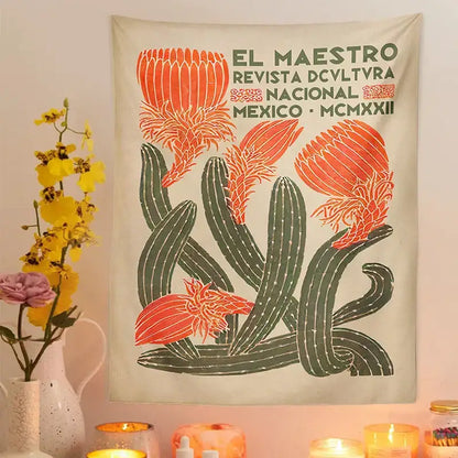 Vintage beige cactus tapestry wall hanging living room decor