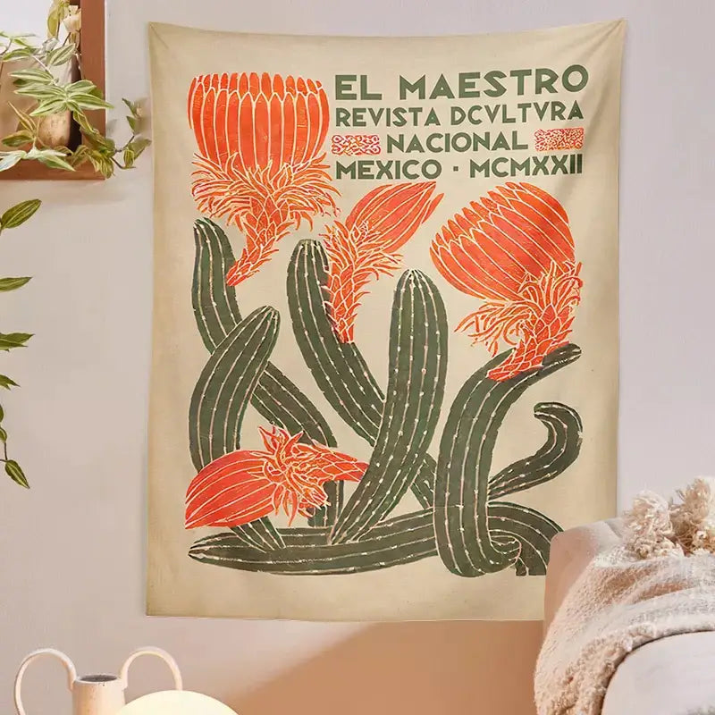 Vintage beige cactus tapestry wall hanging living room decor