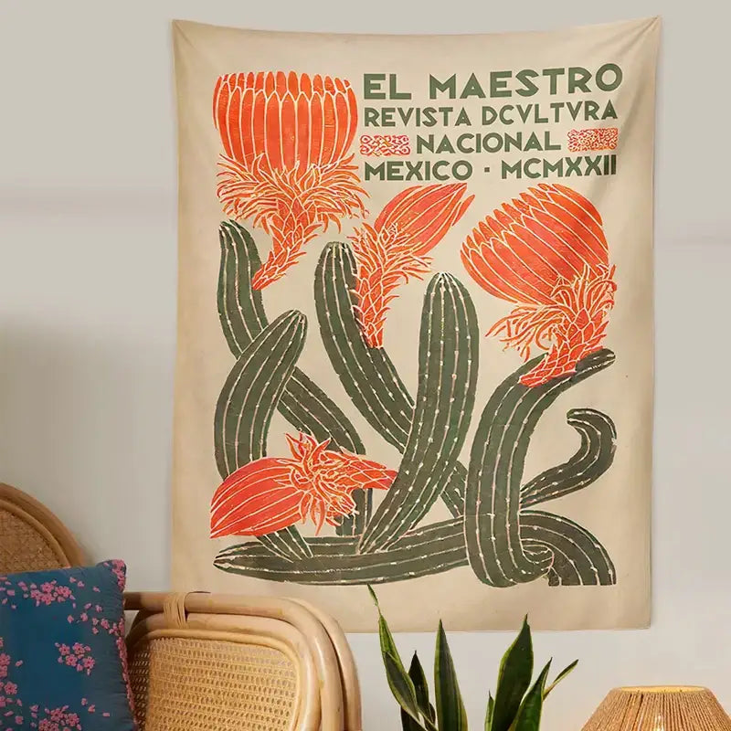Vintage beige cactus tapestry wall hanging living room decor