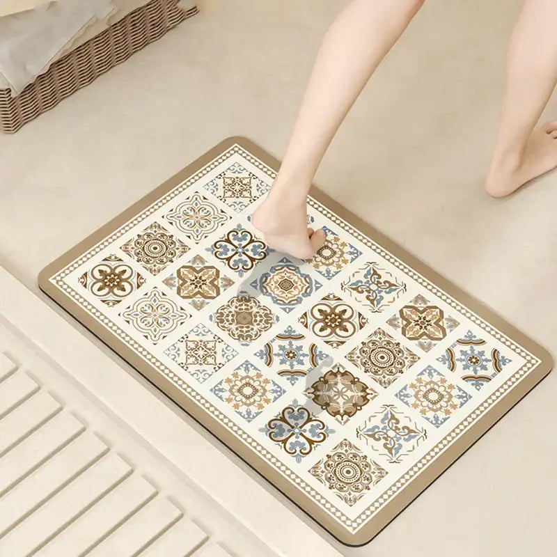 Vintage beige & cream absorbent bathroom mat with diatom ooze