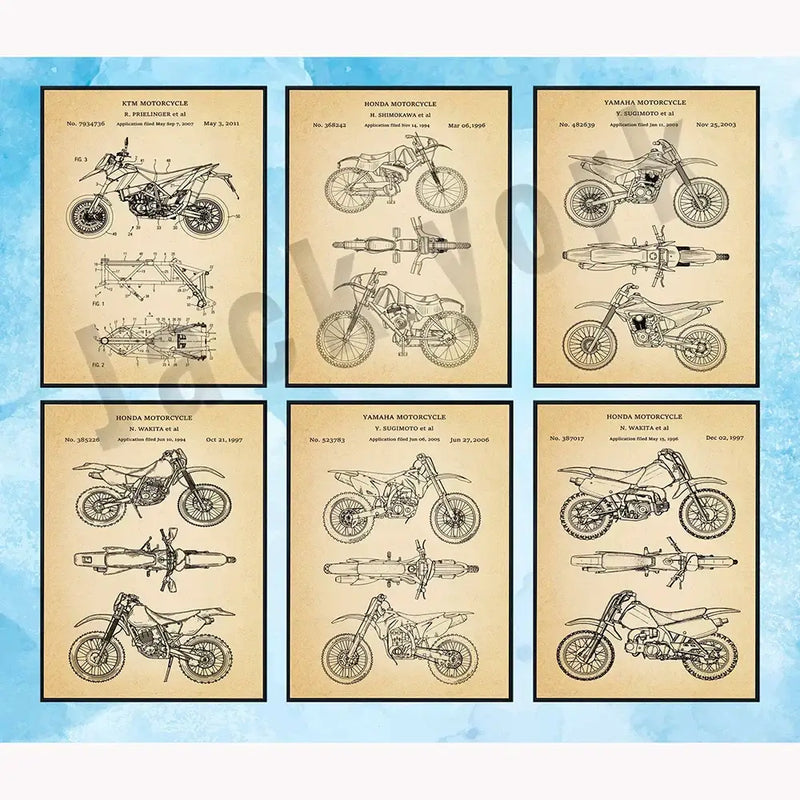 Vintage beige dirt bike patent art set of 6 bedroom wall decor