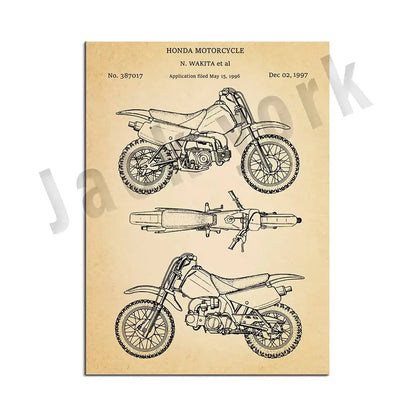 Vintage beige dirt bike patent art set of 6 bedroom wall decor