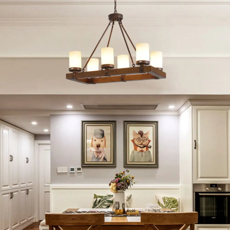 DecorBites™ Vintage Beige Glass Island Light with Wood Base - Cylinder Dining Room Ceiling Light, 6/8 Lights
