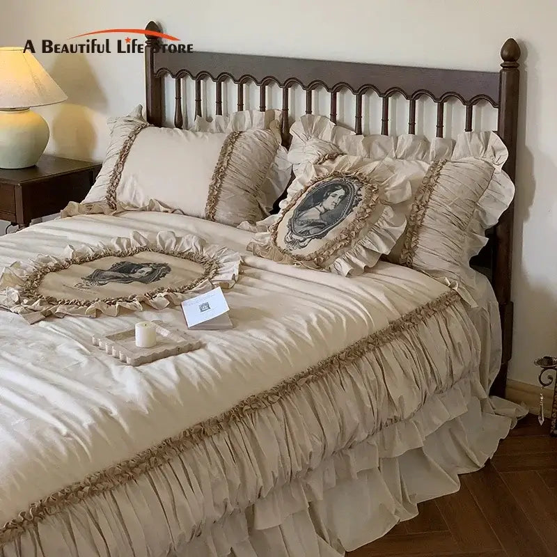 Vintage beige ruffled bedding set – bedroom french lace ruffles