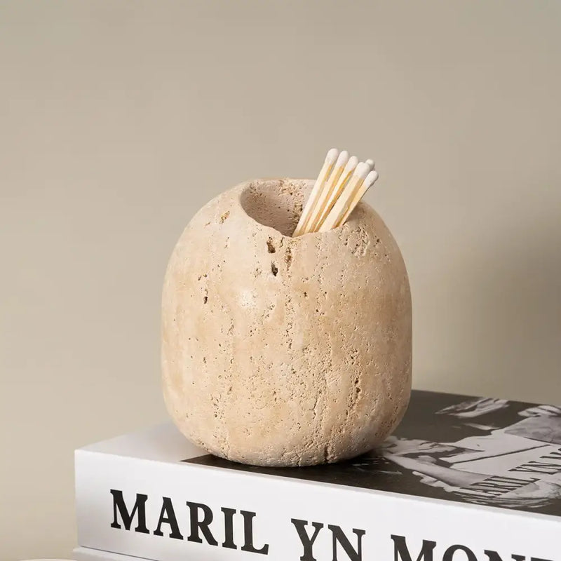 Vintage beige travertine match holder living room stone decor