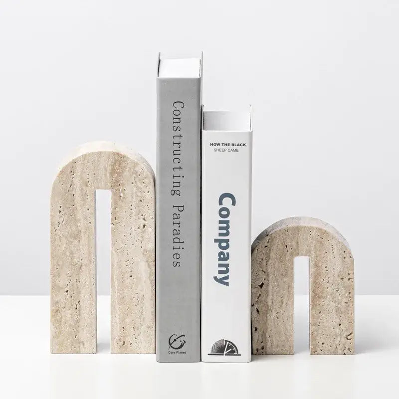 Vintage beige travertine stone arched bookends living room decor