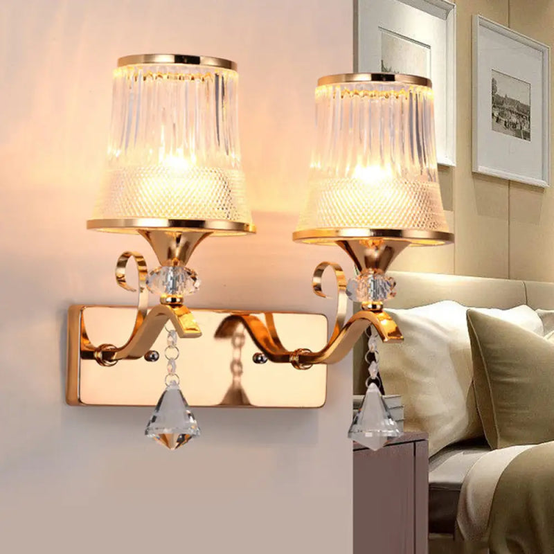 DecorBites™ Vintage Bell Sconce Light Fixture – Clear Glass, Gold Finish, Crystal Accent, 2 Lights – Bedroom Wall Lamp