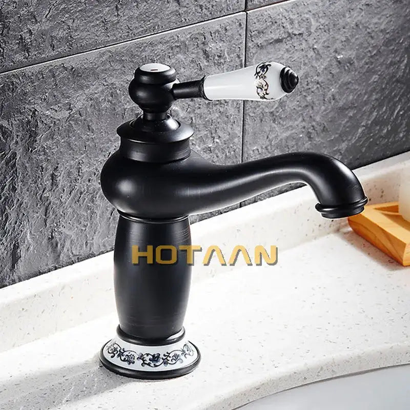 Vintage black brass ceramics bathroom faucet with floral handle