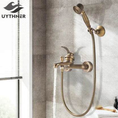 Vintage black brass shower faucet mixer tap set with hand shower