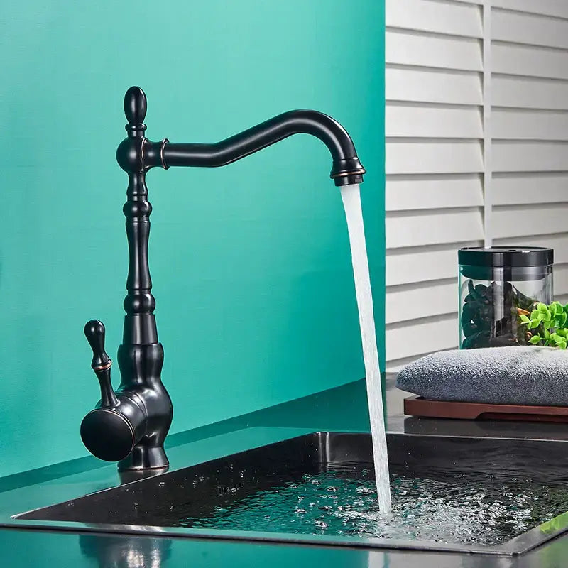 Vintage black bronze kitchen faucet with ornate single lever handle