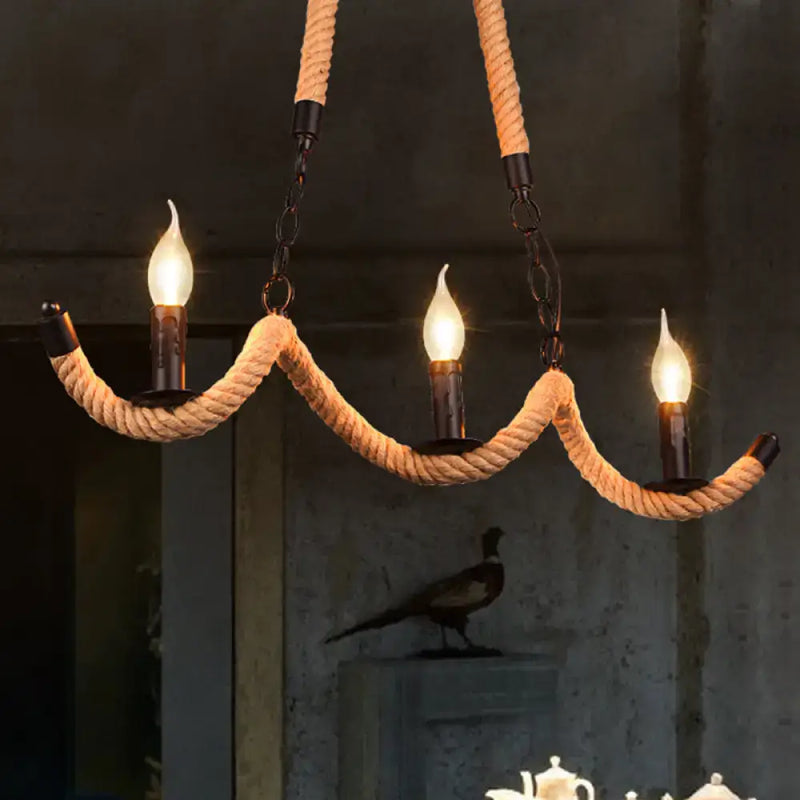 Vintage black rope pendant light – dining room 3-light candle lamp
