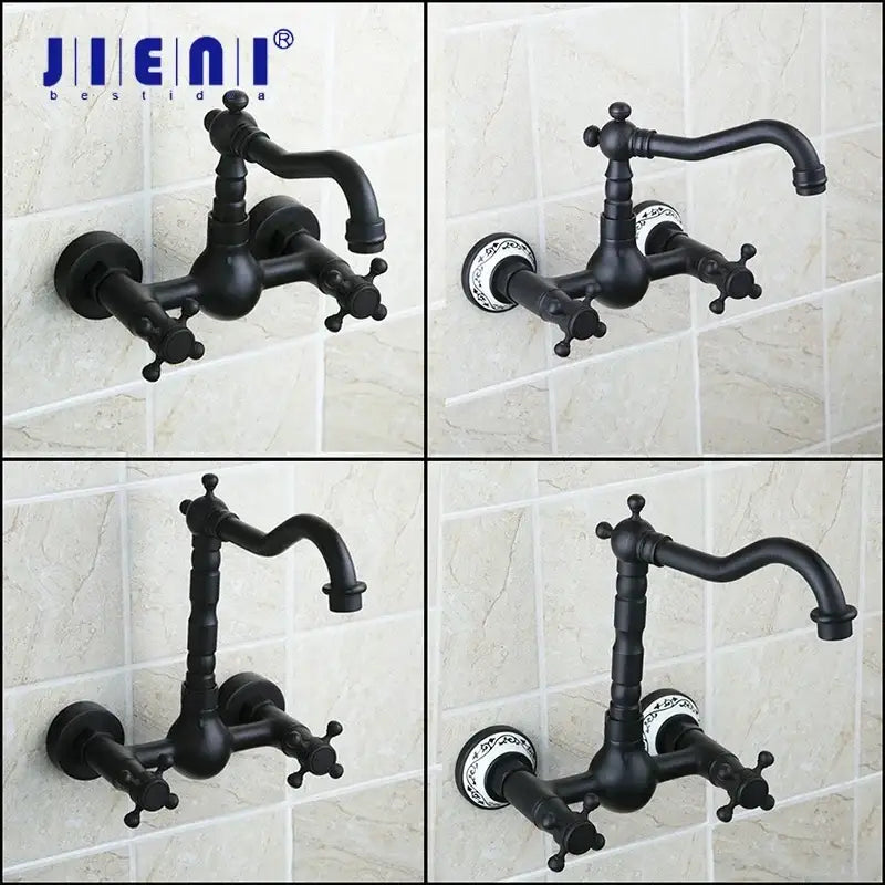 Vintage black swivel wall mounted bathroom faucet with ceramic base