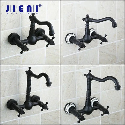 Vintage black swivel wall mounted bathroom faucet with ceramic base