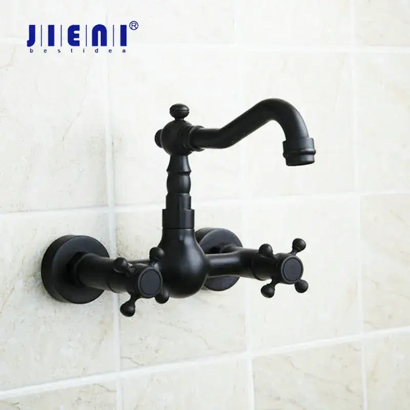 Vintage black swivel wall mounted bathroom faucet with ceramic base