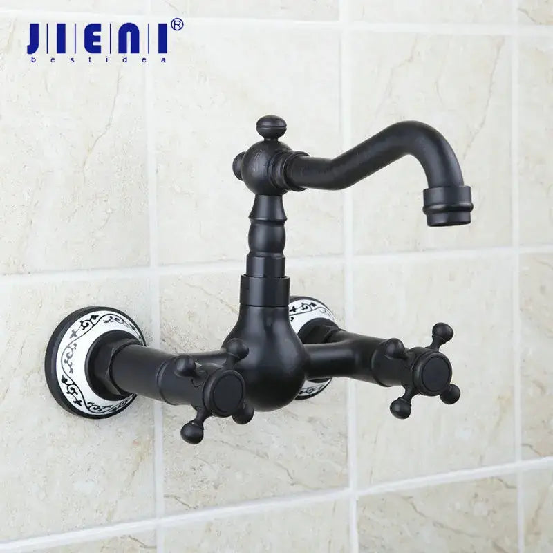 Vintage black swivel wall mounted bathroom faucet with ceramic base