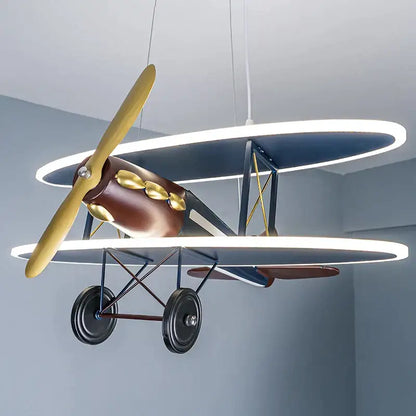 Vintage blue & brown iron aircraft pendant light for boys bedroom