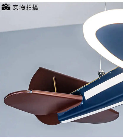 Vintage blue & brown iron aircraft pendant light for boys bedroom