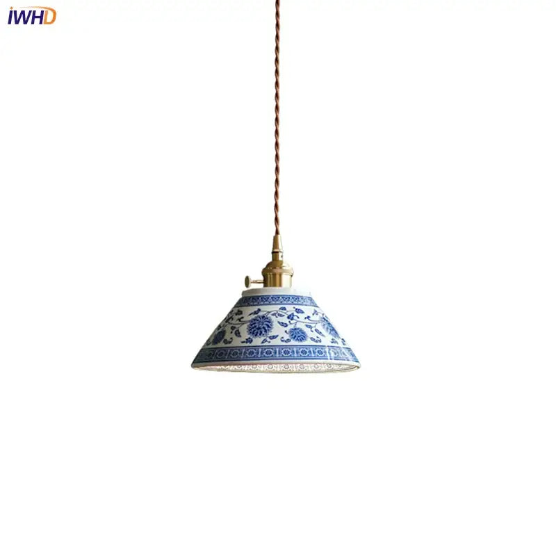 Vintage blue & white ceramic pendant lamp dining room floral led