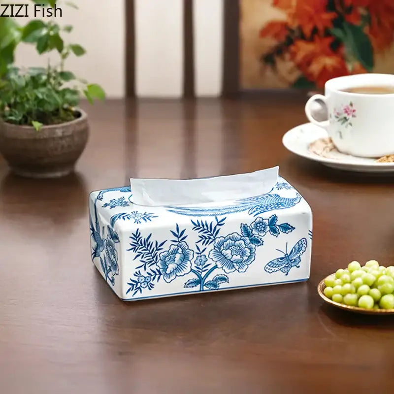 Vintage blue & white porcelain tissue box living room decor