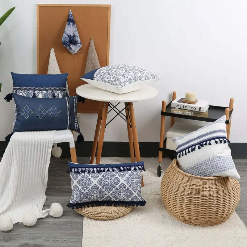 Vintage blue & white tassel pillow cover living room decor