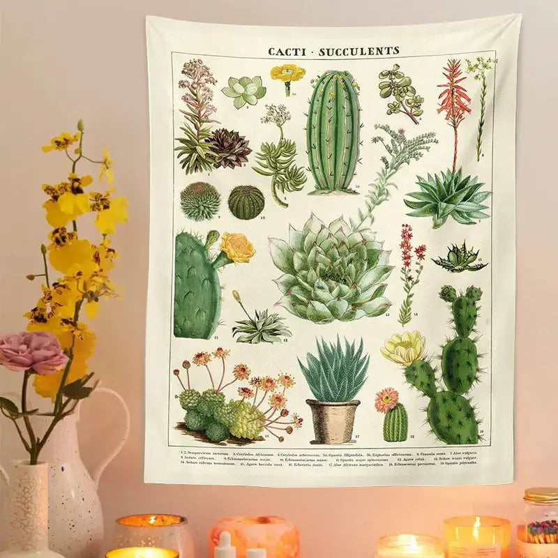Vintage botanical cactus tapestry wall hanging for bedroom decor