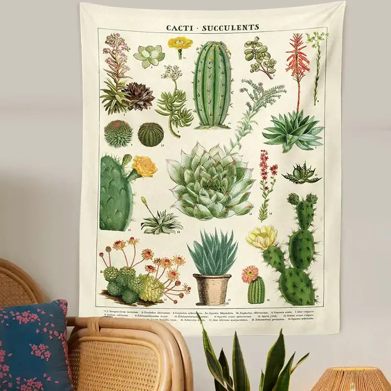 Vintage botanical cactus tapestry wall hanging for bedroom decor