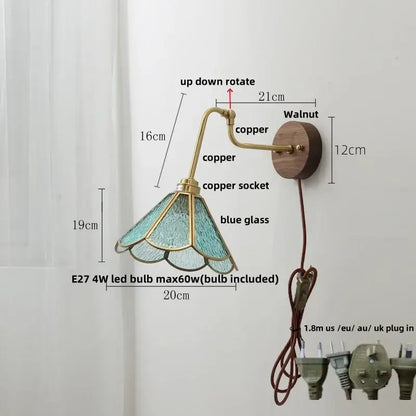 Vintage brass amber glass led wall lights pull chain bedroom sconce