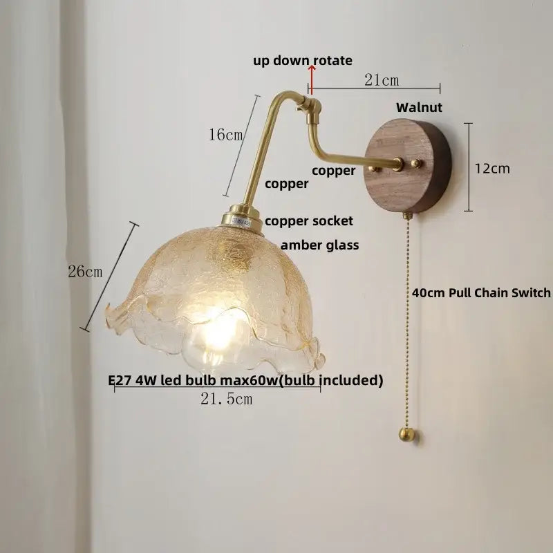 Vintage brass amber glass led wall lights pull chain bedroom sconce
