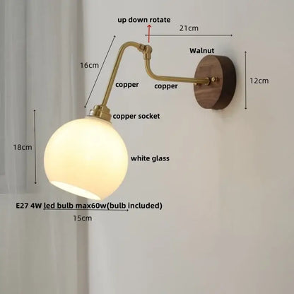 Vintage brass amber glass led wall lights pull chain bedroom sconce