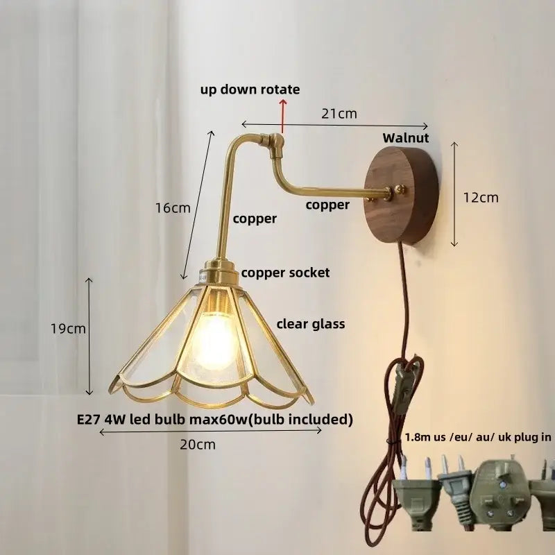 Vintage brass amber glass led wall lights pull chain bedroom sconce