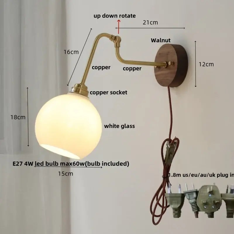 Vintage brass amber glass led wall lights pull chain bedroom sconce