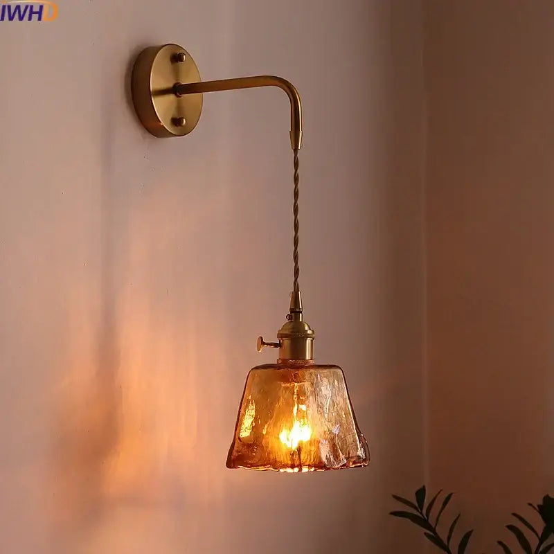 Vintage brass and amber glass copper led wall sconce bedroom light