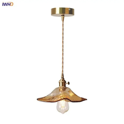 Vintage brass and amber glass pendant light kitchen hanging lamp
