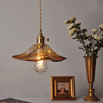 Vintage brass and amber glass pendant light kitchen hanging lamp