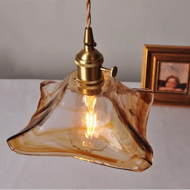 Vintage brass and amber glass pendant light kitchen hanging lamp