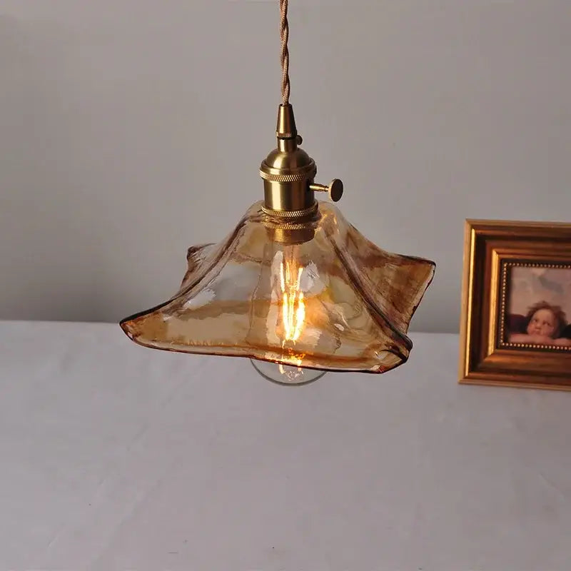 Vintage brass and amber glass pendant light kitchen hanging lamp