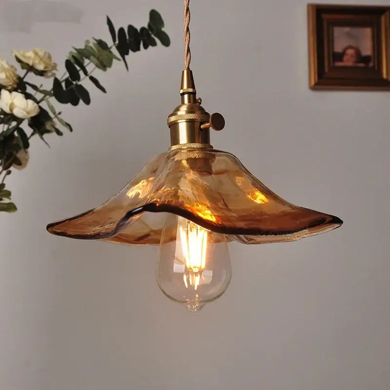 Vintage brass and amber glass pendant light kitchen hanging lamp