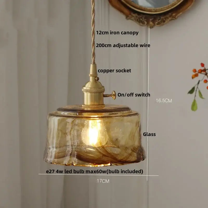 Vintage brass and amber glass pendant light kitchen hanging lamp