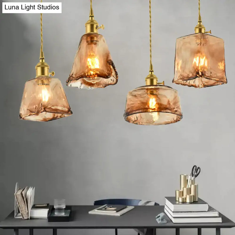 Vintage brass and amber glass shaded drop pendant – living room light