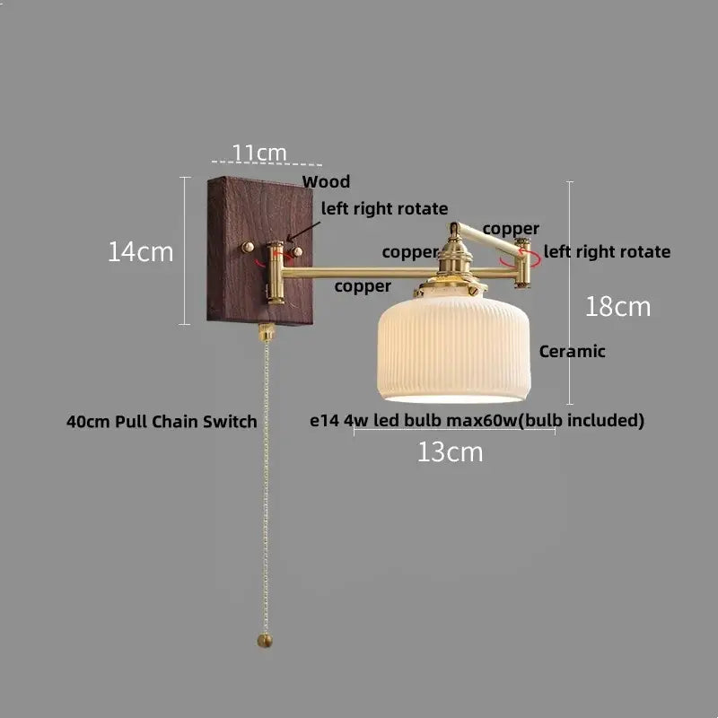 Vintage brass and amber glass wall sconce bedroom ceramic led wall light