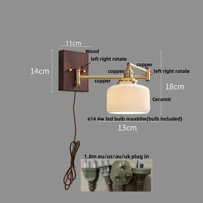 Vintage brass and amber glass wall sconce bedroom ceramic led wall light