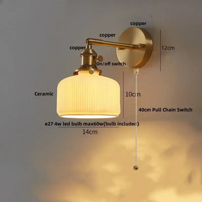 Vintage brass and amber glass wall sconce bedroom ceramic led wall light