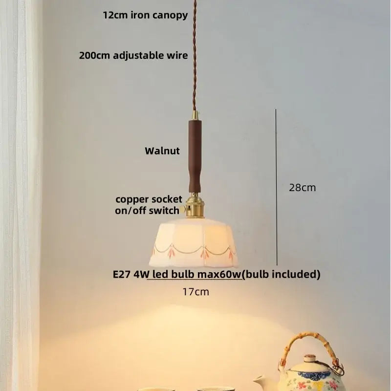 Vintage brass and ceramic walnut wood pendant light study aisle